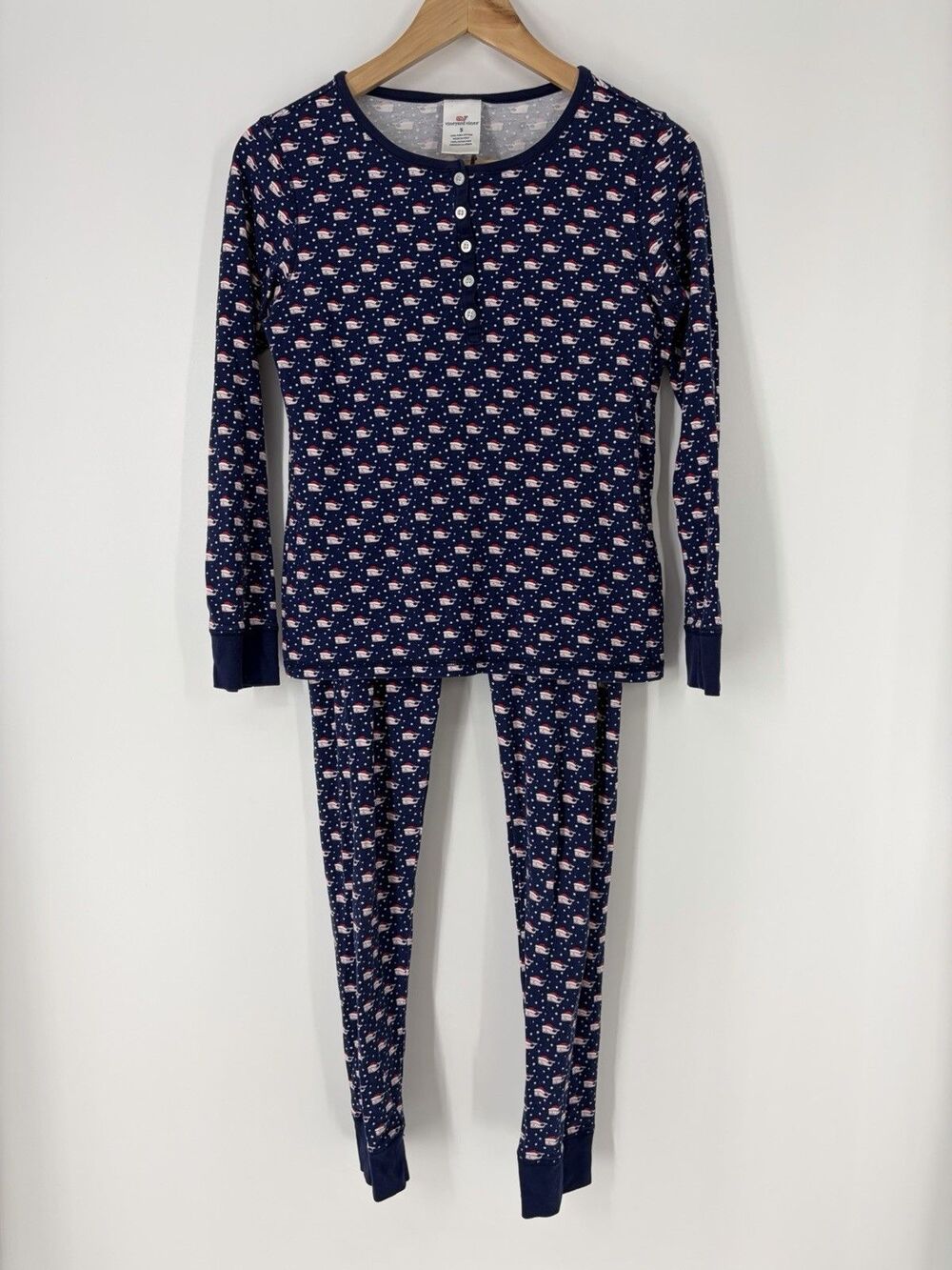 Vineyard Vines Pajamas Small Womens Navy Santa Whale Henley Christmas PJ Set